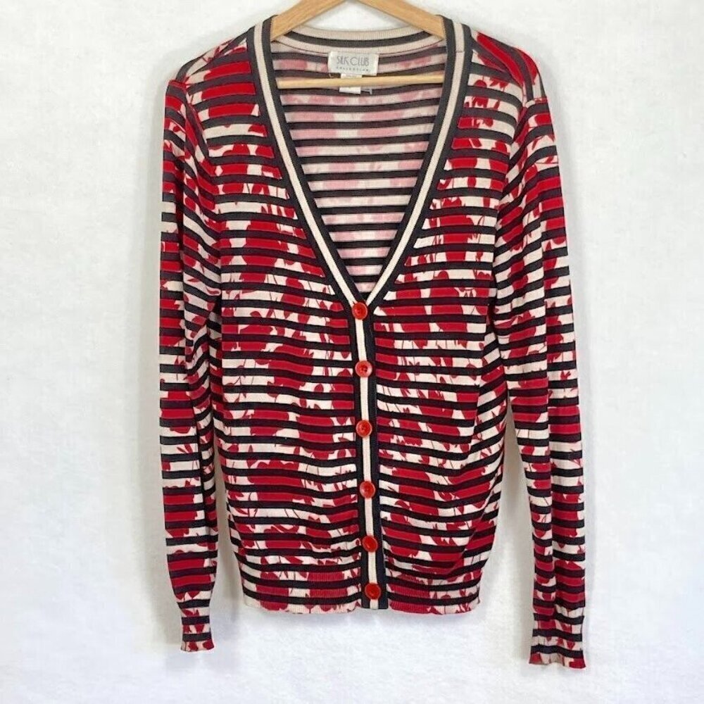 Silk Club Collection Striped Cardigan Abstract Artsy Cottage Grandma Core L